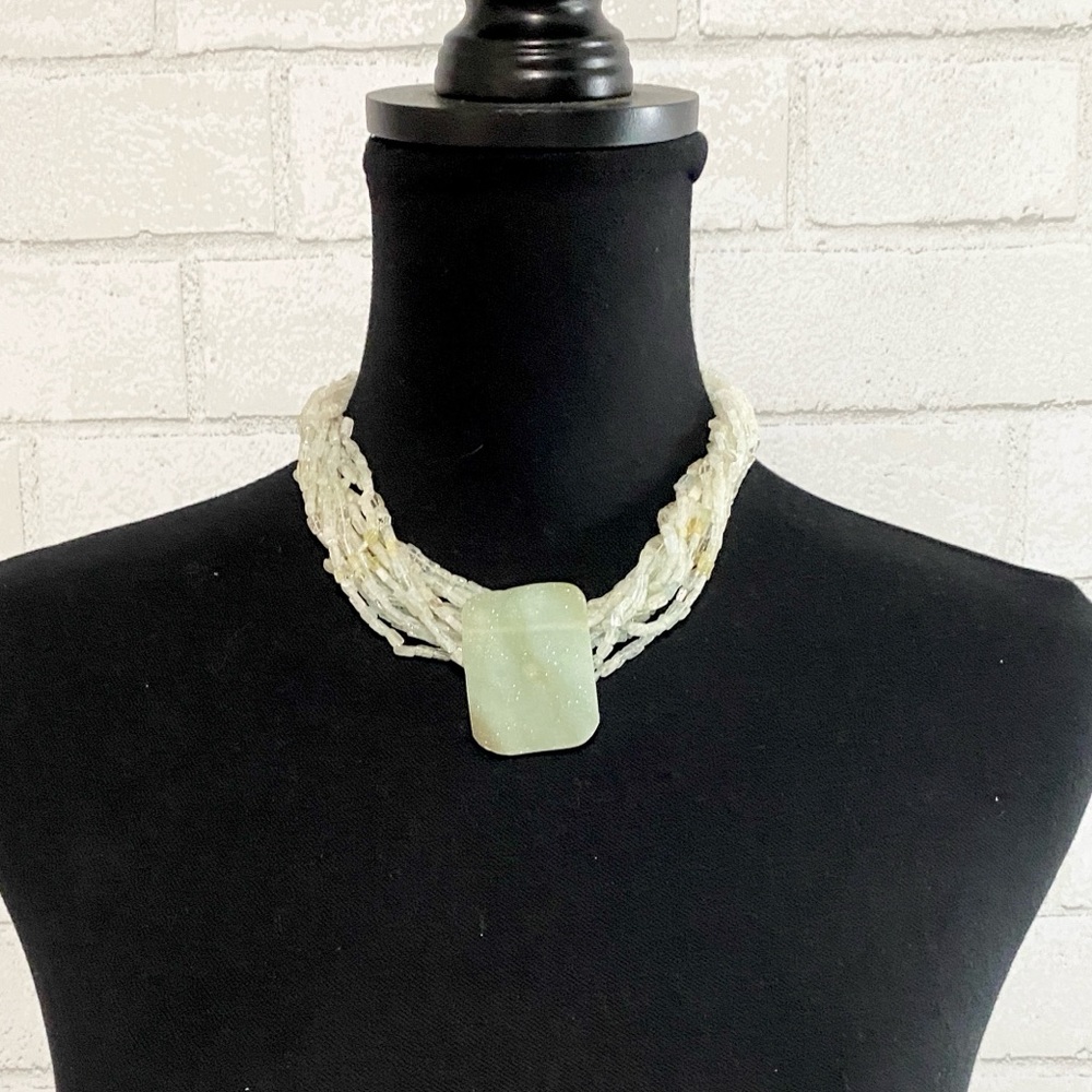 Vintage Pale Green Multi-Strand Beaded Necklace with Rectangular Pendant - Picture 15 of 15
